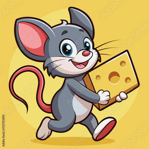 A joyful, stylized cartoon mouse with big ears and a long tail cheerfully runs across a yellow background, clutching a substantial piece of Swiss cheese. Its eyes are bright and wide with delight.