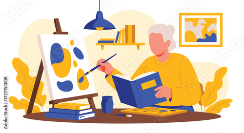 Elderly woman painting on canvas in art studio with books and plants.