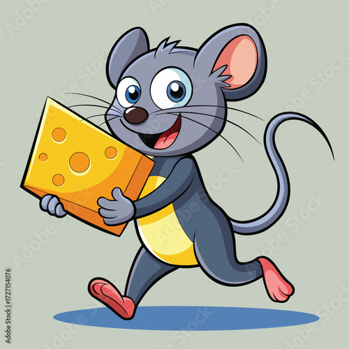 A happy cartoon mouse is captured in mid-stride, excitedly clutching a large wedge of Swiss cheese. Its eyes are wide with delight, and its mouth is open in a cheerful grin.