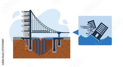 Bridge foundation engineering and disaster impact illustration.