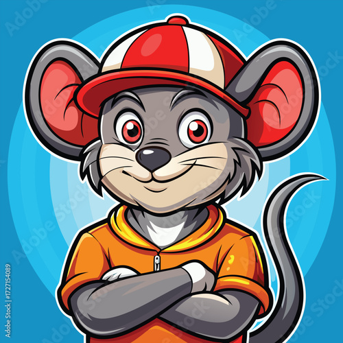 Cartoon Mouse Character with red, white Cap, Yellow Shirt, and Blue Overalls.