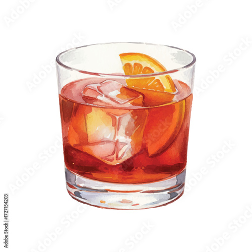 Watercolor Vector of Negroni Cocktail with Orange Slice on White Background