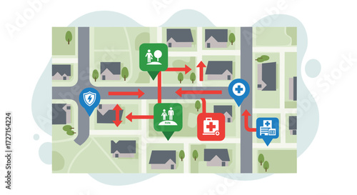 Neighborhood map showing emergency route with medical icons.
