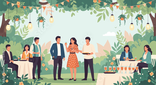 Flat vector illustration of a festive outdoor garden party with people, hanging lights, drinks, and greenery in a relaxed atmosphere