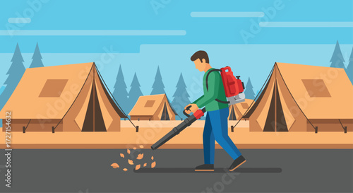 Flat vector illustration of a worker using a leaf blower at summer camp with tents, pine trees, blue sky, and minimal design in clean flat colors