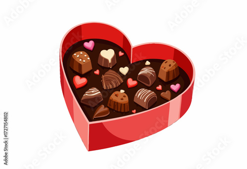 Heart-shaped red box filled with assorted decorative chocolate pieces and small colorful hearts ideal for gifting on romantic or special occasions