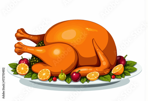 Illustration of a Whole Roasted Turkey on a Platter Garnished with Fresh Citrus Fruits and Leaves for a Festive Dinner Celebration
