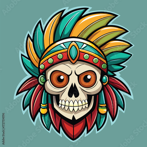 A striking skull adorned with a colorful, feathered Native American headdress. Its intense gaze and detailed features create a powerful and artistic visual statement.