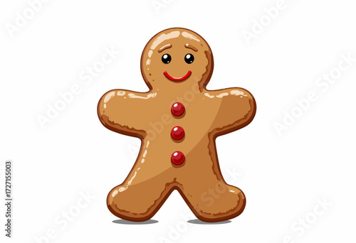 Cute Gingerbread Man Cookie Character with Bright Red Buttons and a Smile on a White Background Capturing the Festive Holiday Spirit and Whimsical Charm