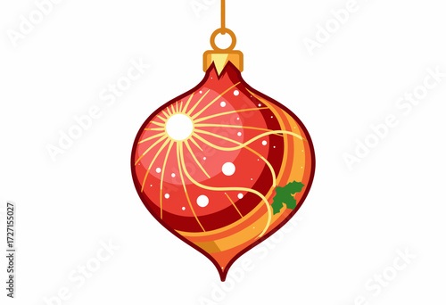 Festive Red and Gold Christmas Ornament Featuring Swirling Patterns with Holly Accents Hanging from Golden Cord on Crisp White Background Symbolizing Holiday Joy