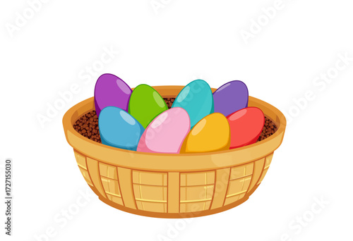Colorful Easter Basket with Multicolored Eggs Celebrating Spring Traditions and Joyful Festivities in a Woven Natural Container