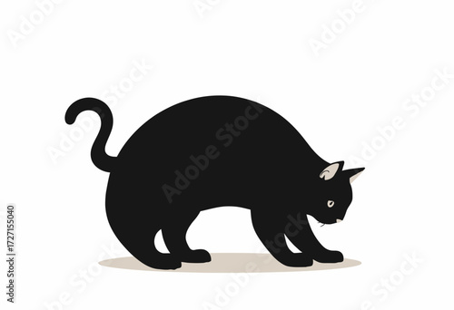 Illustration of a Curious Black Cat with Yellow Eyes Stretched Out and Playfully Stalking on a Plain White Background