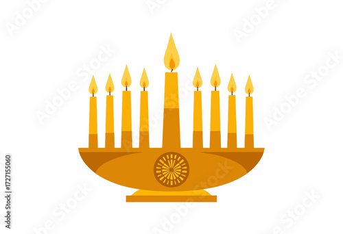 Illustration of a nine-branched menorah with lit candles, symbolizing the Jewish festival of Hanukkah, featuring a central shamash candle and decorative menorah base.