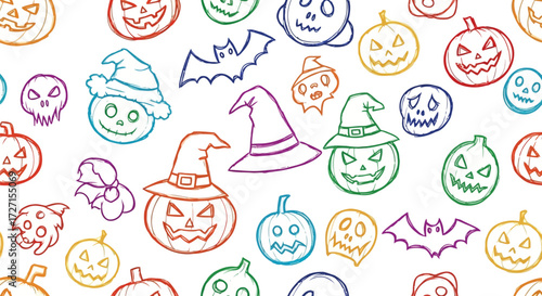 Vector art of colorful hand drawn halloween doodles with pumpkins, witches hats, and bats
