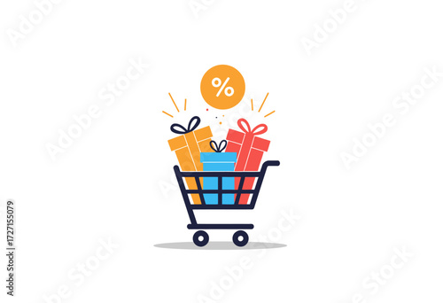 Shopping Cart Filled with Wrapped Gift Boxes and Percentage Symbol Highlighting Discount and Holiday Sales Offering Incredible Deals