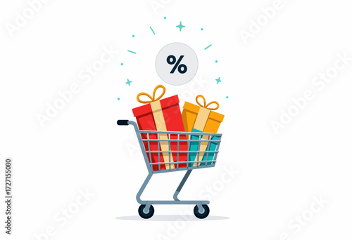 Illustration of a Shopping Cart Filled with Gift Boxes and a Percentage Symbol Above Indicating Discounts or Sales Promotions
