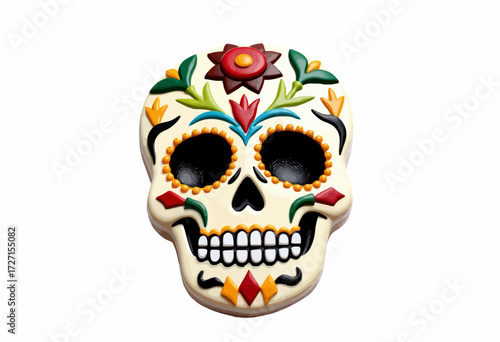Vibrant Mexican Sugar Skull Decorated with Colorful Floral Patterns and Intricate Designs on a White Background for Day of the Dead Celebration