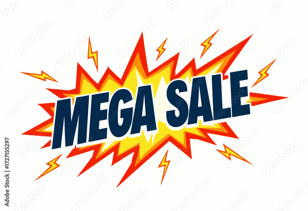 Fototapeta premium Colorful Promotional Graphic with Bold Comic Style Featuring a Dynamic Mega Sale Text Surrounded by Explosive Elements for an Eye-Catching Visual Impact