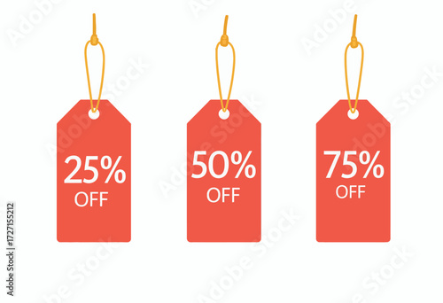 Bright Red Sale Tags Displaying 25 Percent, 50 Percent, and 75 Percent Discounts Hanging on Strings for Promotional Advertising and Marketing Visuals