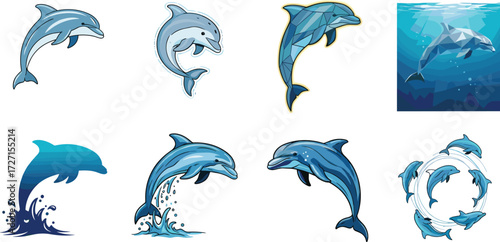Collection of dolphin vector illustrations including geometric low poly, cartoon style, underwater swimming, jumping, splashing, and group circular formation