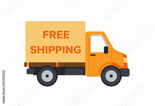 Bright Orange Delivery Truck Displaying Free Shipping Promotion Offering Fast and Efficient Cargo Transportation Services