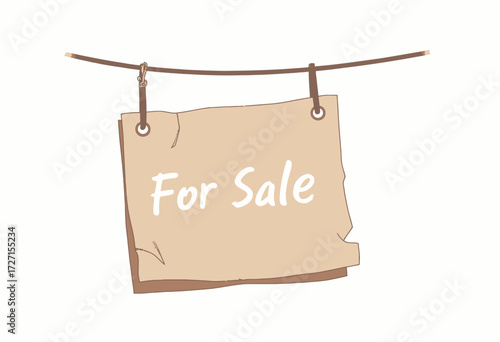 Brown Paper Signboard Hanging by String with 'For Sale' Message in White Letters Against Clean White Background