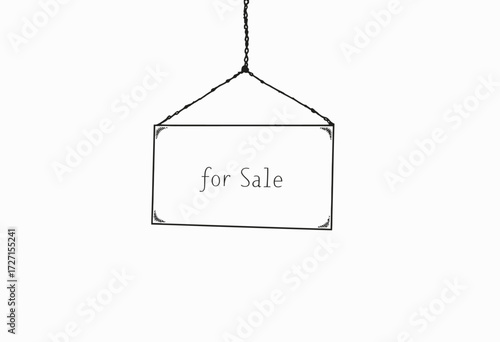 Minimalist Hanging Sign Displayed on White Background with Text Indicating Availability of Items for Sale at an Unspecified Location or Setting