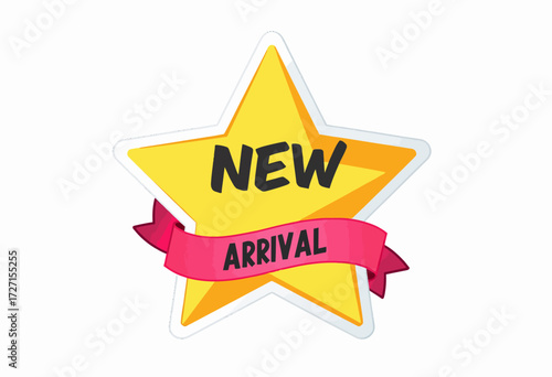 Vibrant Star Shaped New Arrival Badge with Bold Text and Eye-Catching Design Featuring a Bright Red Banner for Seasonal Promotions