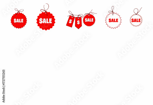 Vibrant Red Sale Tags on White Background Highlighting Discount Opportunities for Shoppers