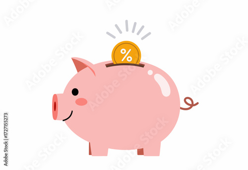 Cute Pink Piggy Bank with Coin Slot, Featuring a Prominent Percentage Symbol on a Gold Coin, Symbolizing Savings, Investment, and Financial Growth