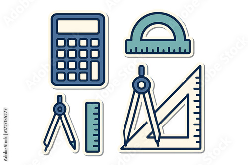 Collection of essential school and office supplies including calculator, ruler, compass, and protractor