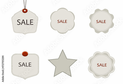 Collection of Decorative Labels with Mixed Shapes Featuring the Word Sale on White Background for Shopping Promotion and Marketing