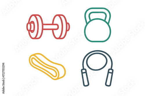 Collection of essential gym workout equipment icons including dumbbell kettlebell resistance band and jump rope