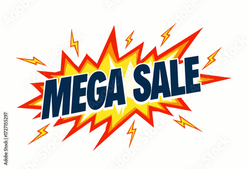 Colorful Promotional Graphic with Bold Comic Style Featuring a Dynamic Mega Sale Text Surrounded by Explosive Elements for an Eye-Catching Visual Impact