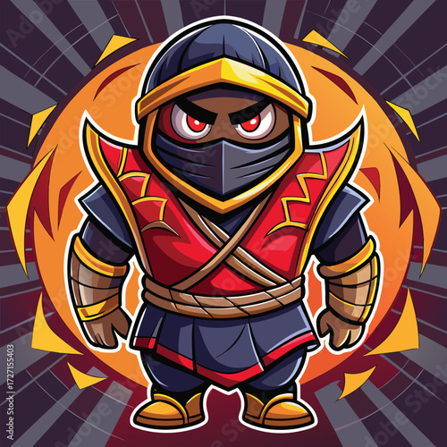 A stylized, adorable yet menacing chibi ninja character stands ready for action. Featuring striking red eyes, a dark mask, and a vibrant, fiery orange aura, this design evokes power and mystery.