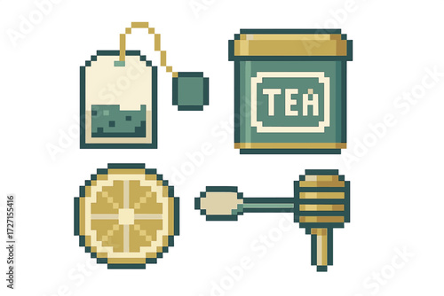 Pixel art collection of tea bag, tea canister, lemon slice, and honey dipper for hot beverage concepts and healthy drinks