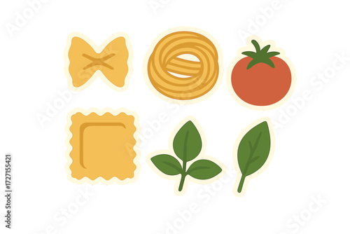Collection of various Italian pasta shapes including farfalle, tagliatelle, ravioli, alongside a ripe red tomato and fresh green basil leaves