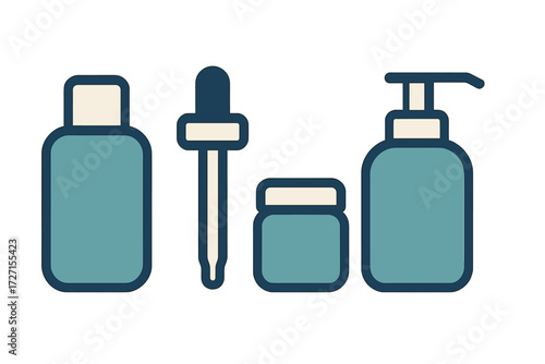 Collection of cosmetic product containers including bottles, dropper, and cream jar for beauty and skincare