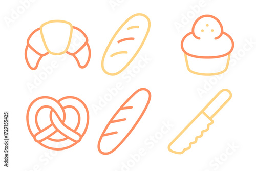 Freshly baked bread, delicious pastries, and a bread knife for bakery and food-related designs and concepts