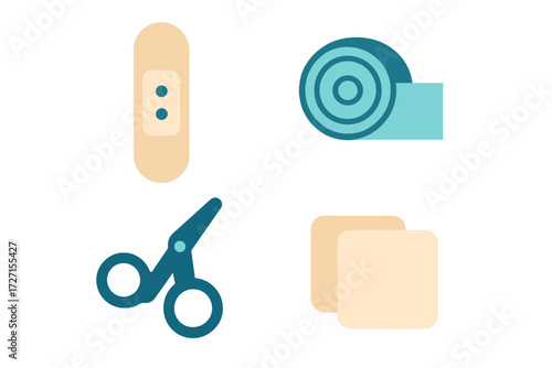 Collection of essential first aid supplies including adhesive bandage, medical tape, scissors, and gauze pads for minor injuries