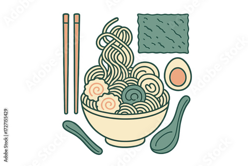 Traditional Japanese ramen noodle soup bowl with chopsticks, spoon, boiled egg, and nori seaweed