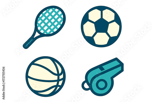 Vibrant collection of sports equipment icons featuring a tennis racket, soccer ball, basketball, and whistle for athletic themes and activities