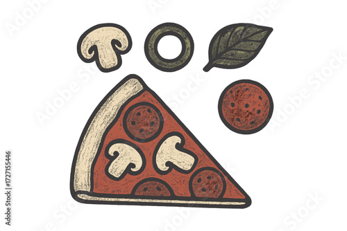 Classic pizza slice with savory pepperoni and fresh mushroom toppings, accompanied by individual olive, basil, and pepperoni elements