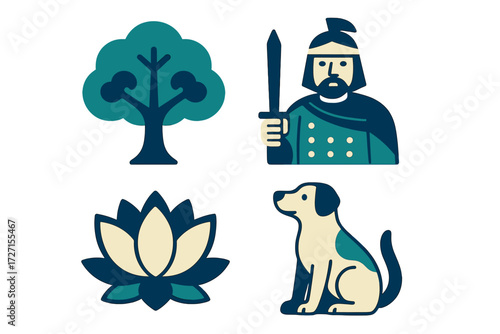 Stylized icon set featuring a green tree, ancient warrior with sword, blooming lotus flower, and a sitting dog in a flat design style
