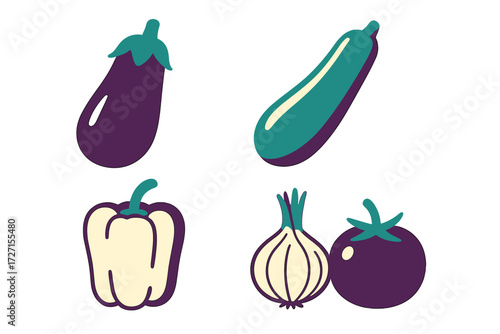 Assortment of colorful fresh garden vegetables including eggplant zucchini bell pepper onion and tomato