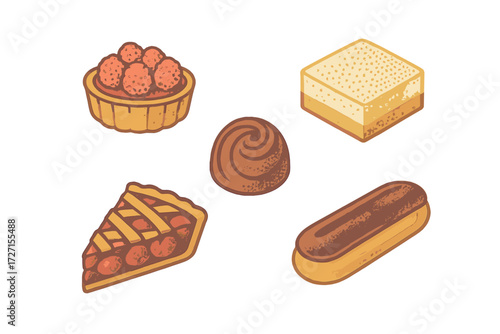 Assortment of delicious baked goods and sweet desserts including fruit pie, strawberry tart, chocolate eclair, truffle, and layered cake