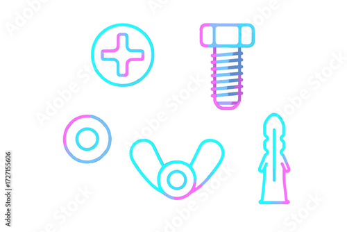 Assortment of hardware fasteners including bolt, washer, wing nut, and wall plug with gradient outlines