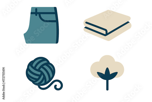 Textile and clothing industry icons featuring cotton plant, yarn ball, folded fabric, and various apparel items
