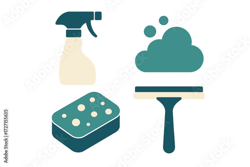 Various household cleaning tools and supplies including a spray bottle, sponge, suds, and squeegee for home hygiene