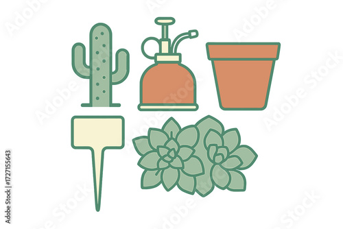 Stylized collection of succulent plants, cactus, plant pot, garden mister, and blank plant marker for home gardening